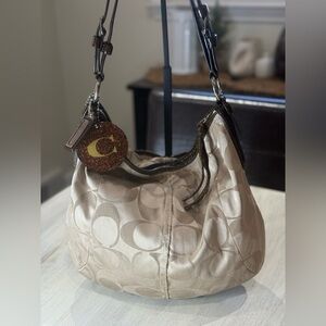 Coach Signature Hobo Bag in Beige and Brown with Glitter Charm